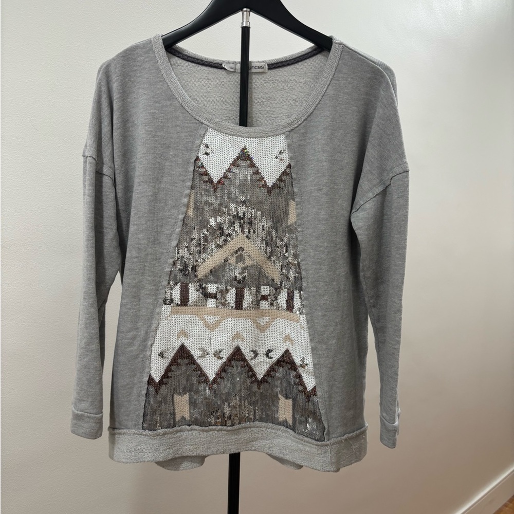 531. Maurices Light Gray Sweatshirt with Neutral Sequin Chevron Panel
